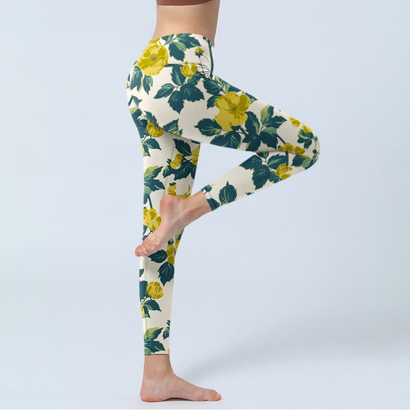 Buddha Stones Yellow Flowers Green Leaves Print Gym Fitness Leggings Women's Yoga Pants - image 3