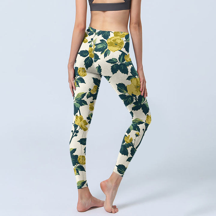 Buddha Stones Yellow Flowers Green Leaves Print Gym Fitness Leggings Women's Yoga Pants - image 4