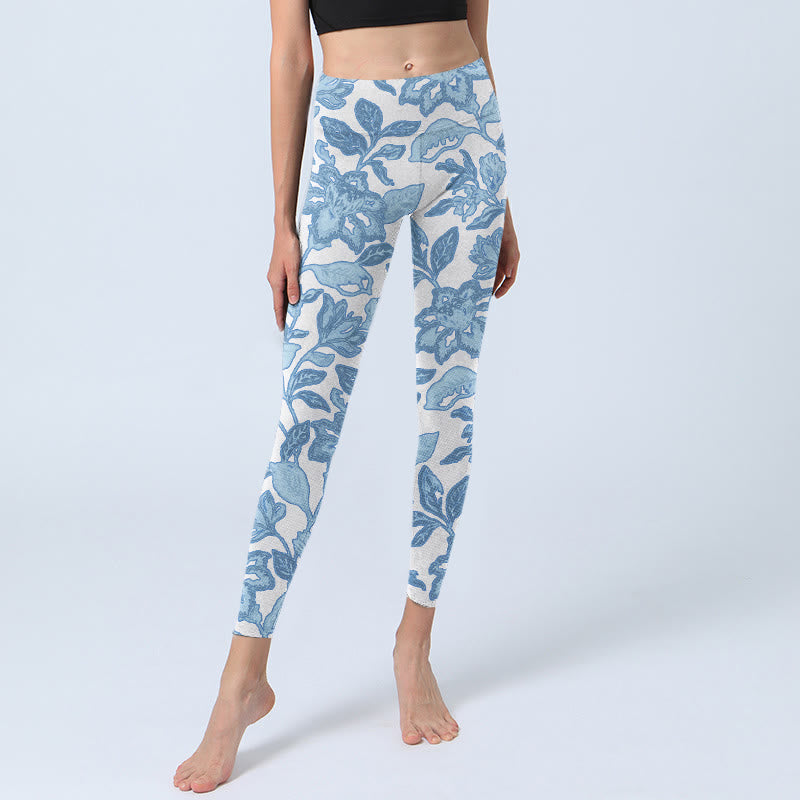 Buddha Stones Pale Blue Flowers Leaves Print Sports Fitness Leggings Women's Yoga Pants - image 5