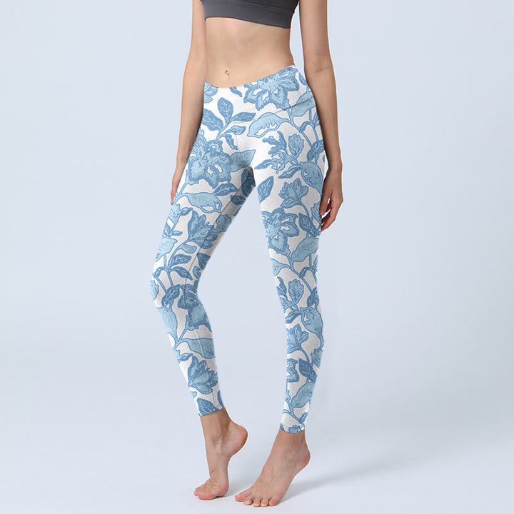 Buddha Stones Pale Blue Flowers Leaves Print Sports Fitness Leggings Women's Yoga Pants