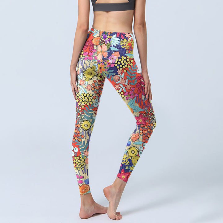 Buddha Stones Colorful Flowers Leaves Print Gym Fitness Leggings Women's Yoga Pants