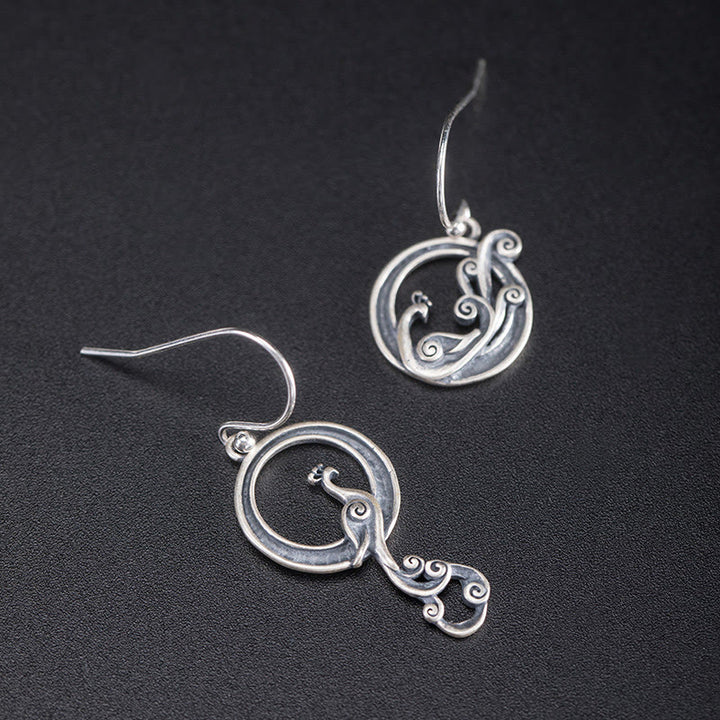 Buddha Stones 925 Sterling Silver Round Asymmetry Peacock Fortune Earrings - image 1