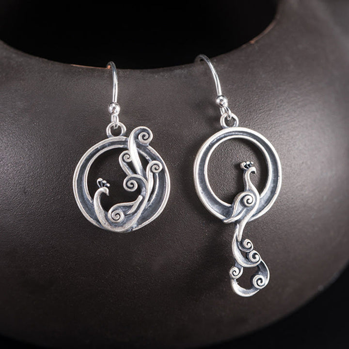 Buddha Stones 925 Sterling Silver Round Asymmetry Peacock Fortune Earrings