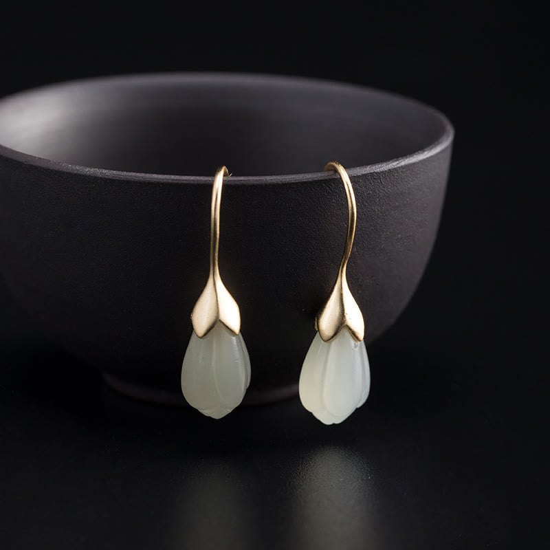 Buddha Stones 925 Sterling Silver Hetian Jade Magnolia Abundance Drop Earrings - image 1