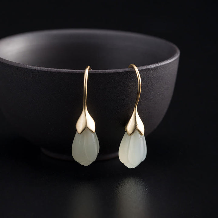 Buddha Stones 925 Sterling Silver Hetian Jade Magnolia Abundance Drop Earrings - image 1