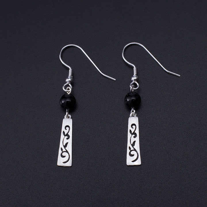 Buddha Stones 925 Sterling Silver Black Onyx Hollow Vine Protection Drop Earrings