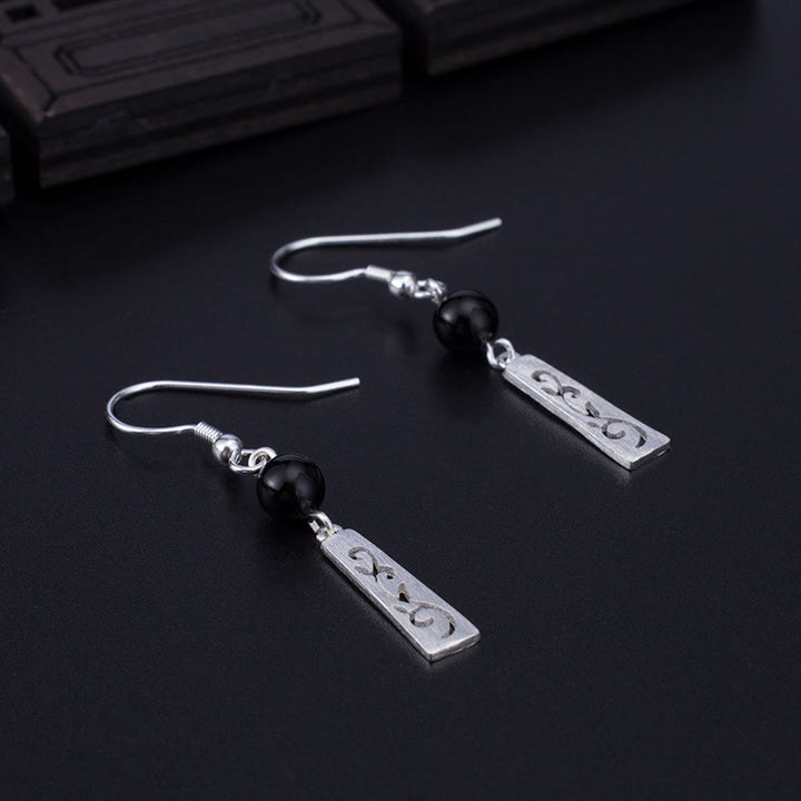 Buddha Stones 925 Sterling Silver Black Onyx Hollow Vine Protection Drop Earrings