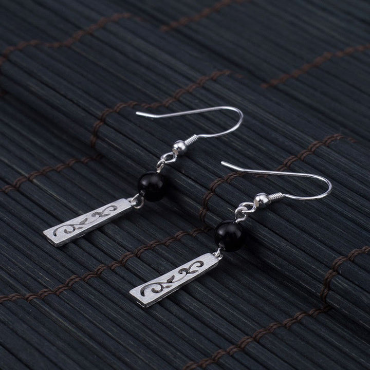 Buddha Stones 925 Sterling Silver Black Onyx Hollow Vine Protection Drop Earrings - image 4