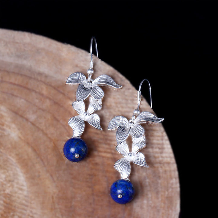Buddha Stones 925 Sterling Silver Lazurite Lapis Lazuli Ethnic Style Flower Positive Drop Earrings - image 2