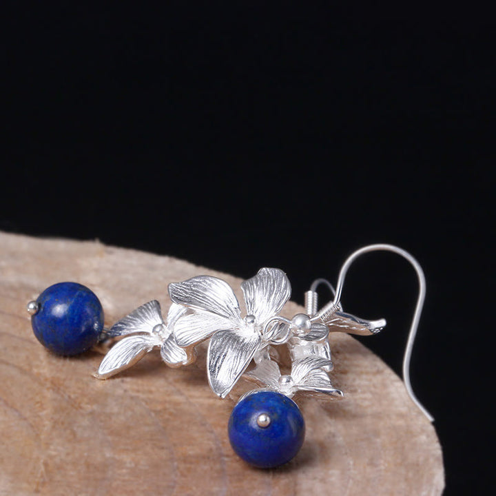 Buddha Stones 925 Sterling Silver Lazurite Lapis Lazuli Ethnic Style Flower Positive Drop Earrings - image 3