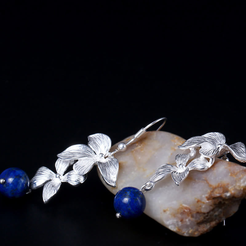 Buddha Stones 925 Sterling Silver Lazurite Ethnic Style Flower Positive Drop Earrings - image 1