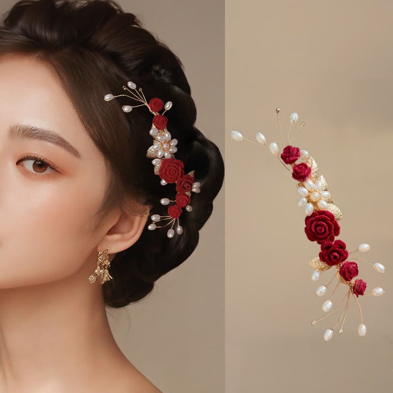 Buddha Stones Classical Chinese Wedding Bridal Red Rose Hair Clip