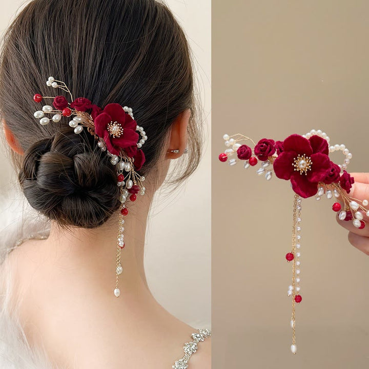 Buddha Stones Classical Chinese Wedding Bridal Red Rose Hair Clip