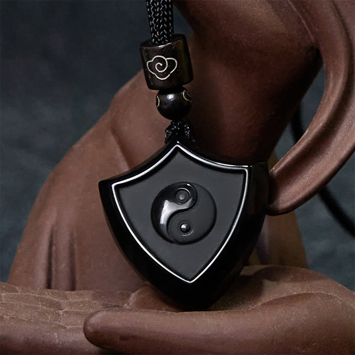 Buddha Stones Black Obsidian Shield Pattern Yin Yang Symbol Strength Necklace Pendant - image 3