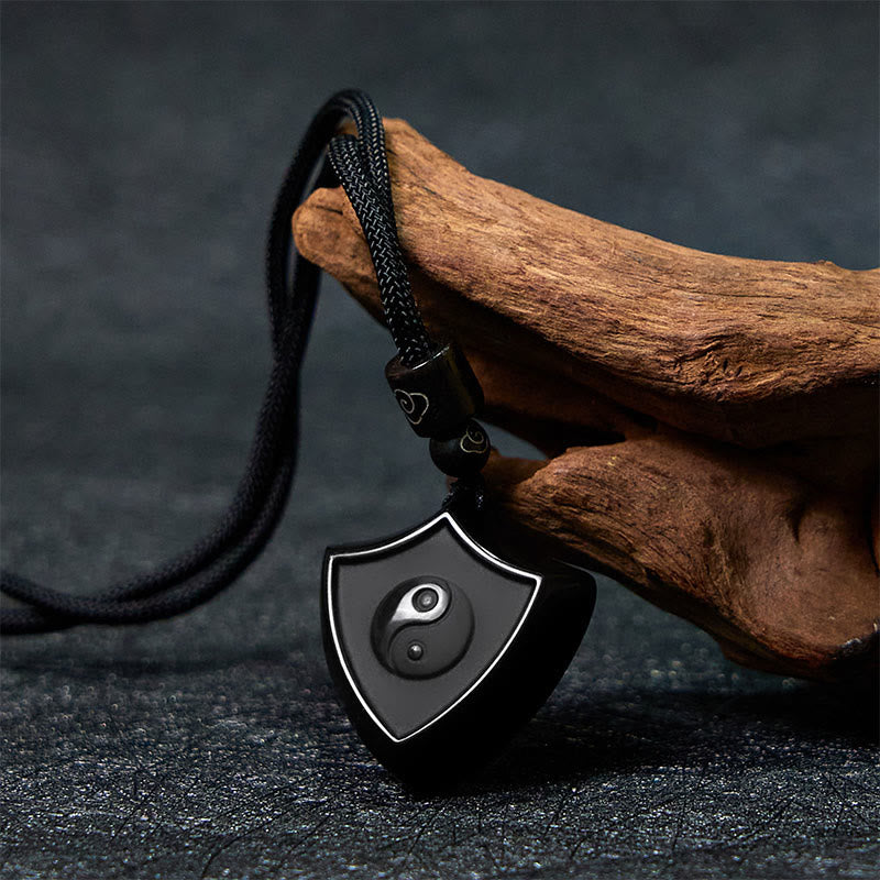 Buddha Stones Black Obsidian Shield Pattern Yin Yang Symbol Strength Necklace Pendant - image 2