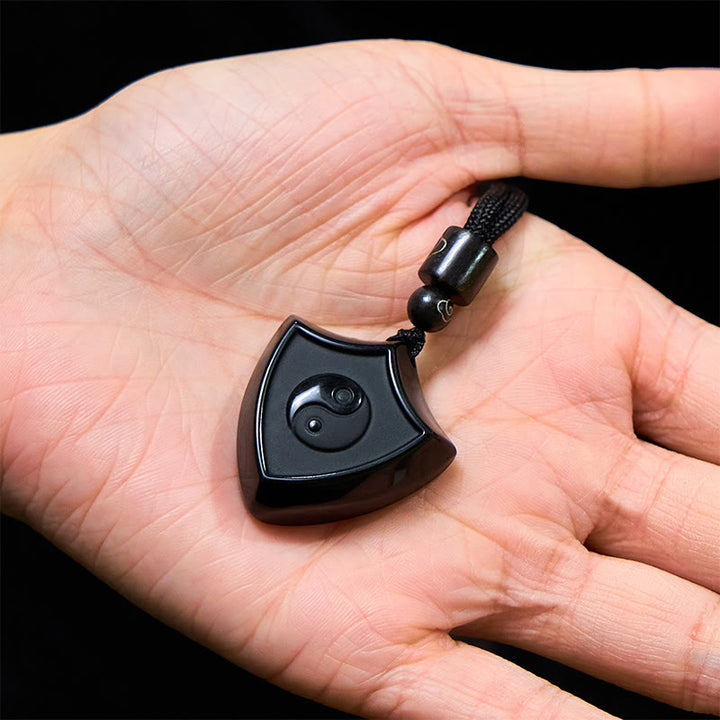 Buddha Stones Black Obsidian Shield Pattern Yin Yang Symbol Strength Necklace Pendant - image 6