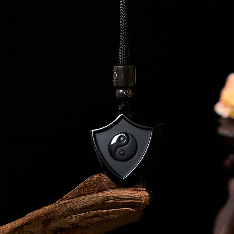 Buddha Stones Black Obsidian Shield Pattern Yin Yang Symbol Strength Necklace Pendant - Shield YIN YANG - image 1