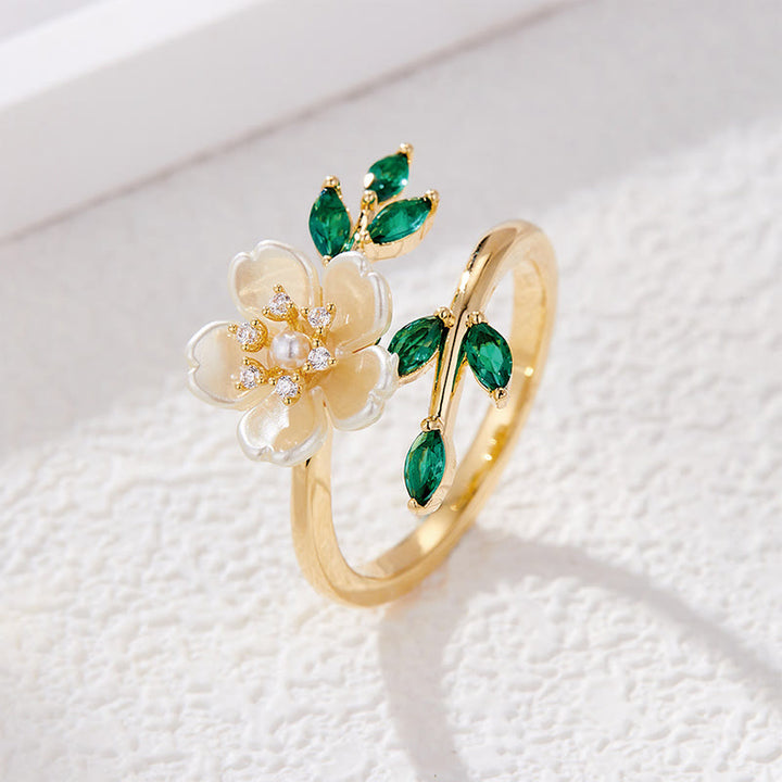 Buddha Stones Pearl Flower Zircon Leaves Happiness Wealth Adjustable Ring - image 1