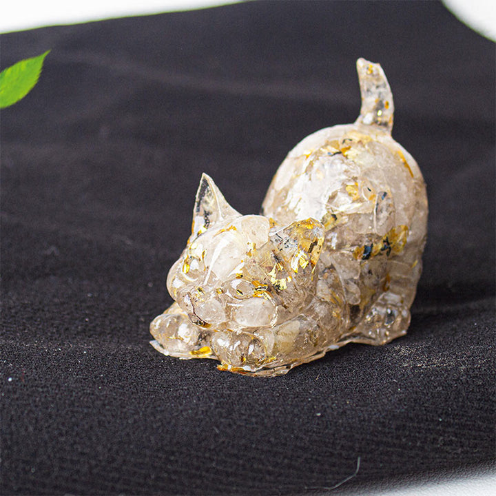 Buddha Stones Stretching Cat Resin Crystal Gravel Meditation Decoration - Rutilated Quartz - 4.5*3*4.2cm - image 32