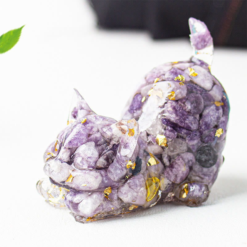 Buddha Stones Stretching Cat Resin Crystal Gravel Meditation Decoration - Lepidolite - 4.5*3*4.2cm - image 50