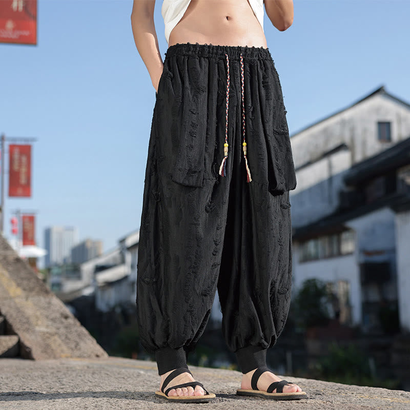 Buddha Stones Solid Color Hole Design Drawstring Cotton Men's Wide Leg Pants With Pockets - image 15
