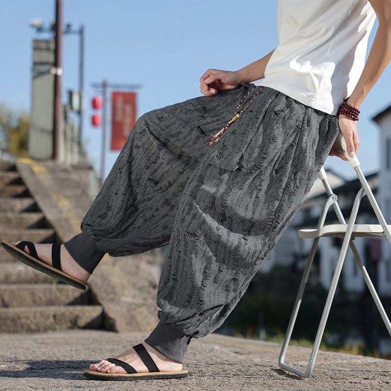 Buddha Stones Solid Color Hole Design Drawstring Cotton Men's Wide Leg Pants With Pockets - image 6