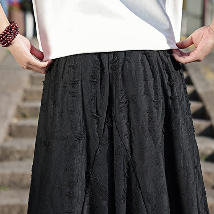 Buddha Stones Solid Color Hole Design Drawstring Cotton Men's Wide Leg Pants With Pockets - image 20