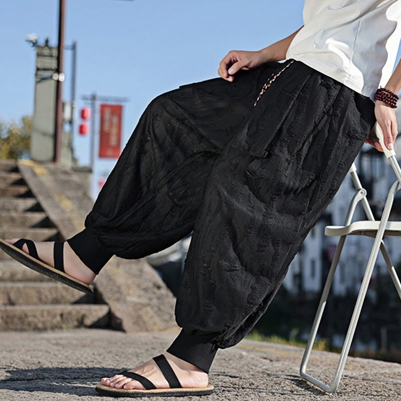 Buddha Stones Solid Color Hole Design Drawstring Cotton Men's Wide Leg Pants With Pockets - image 16