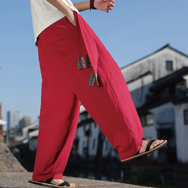 Buddha Stones Simple Patchwork Design Drawstring Cotton Men's Wide Leg Pants With Pockets - image 22