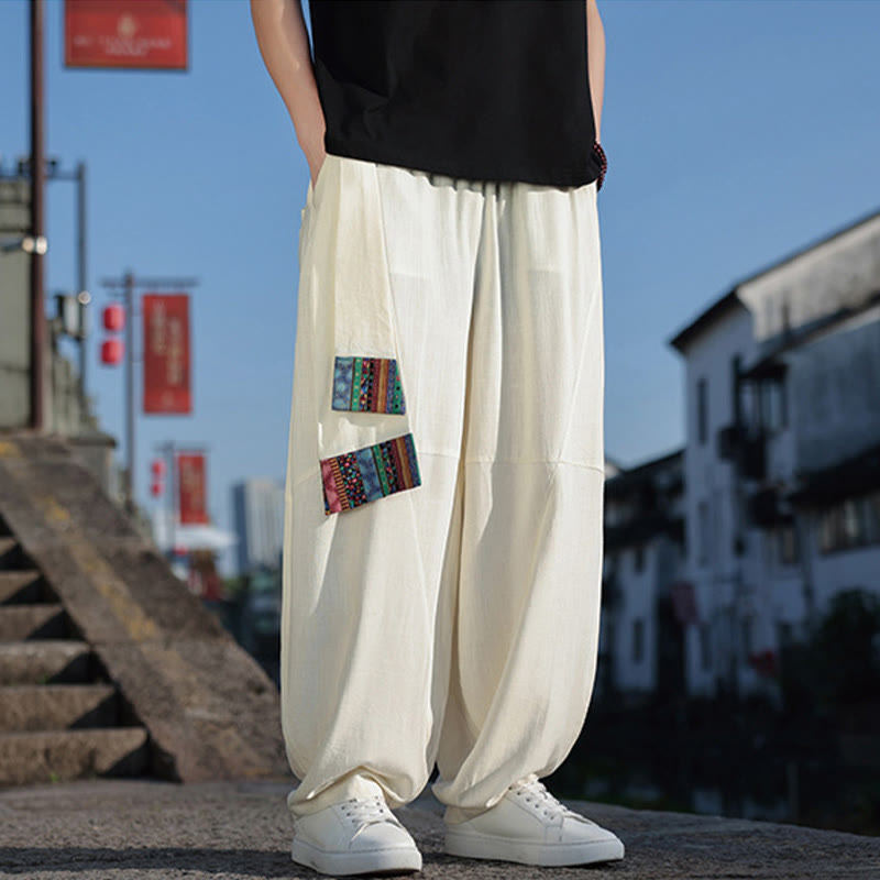 Buddha Stones Simple Patchwork Design Drawstring Cotton Men's Wide Leg Pants With Pockets - image 32
