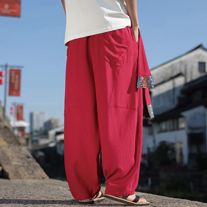 Buddha Stones Simple Patchwork Design Drawstring Cotton Men's Wide Leg Pants With Pockets - image 18