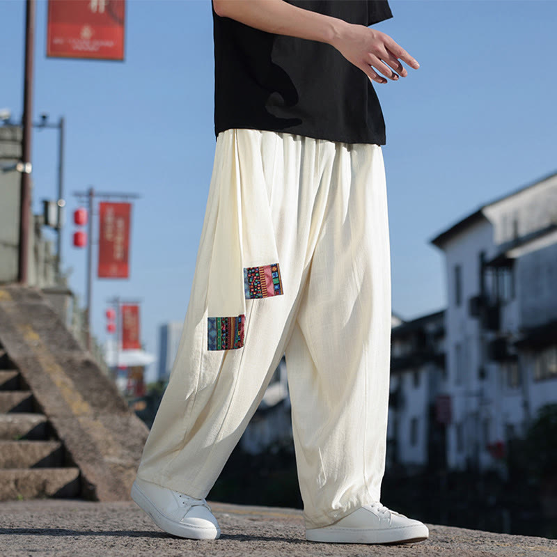 Buddha Stones Simple Patchwork Design Drawstring Cotton Men's Wide Leg Pants With Pockets - image 28
