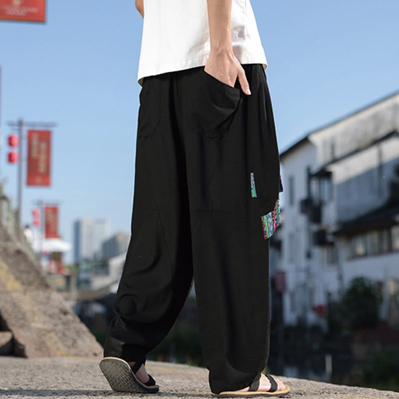 Buddha Stones Simple Patchwork Design Drawstring Cotton Men's Wide Leg Pants With Pockets - image 3