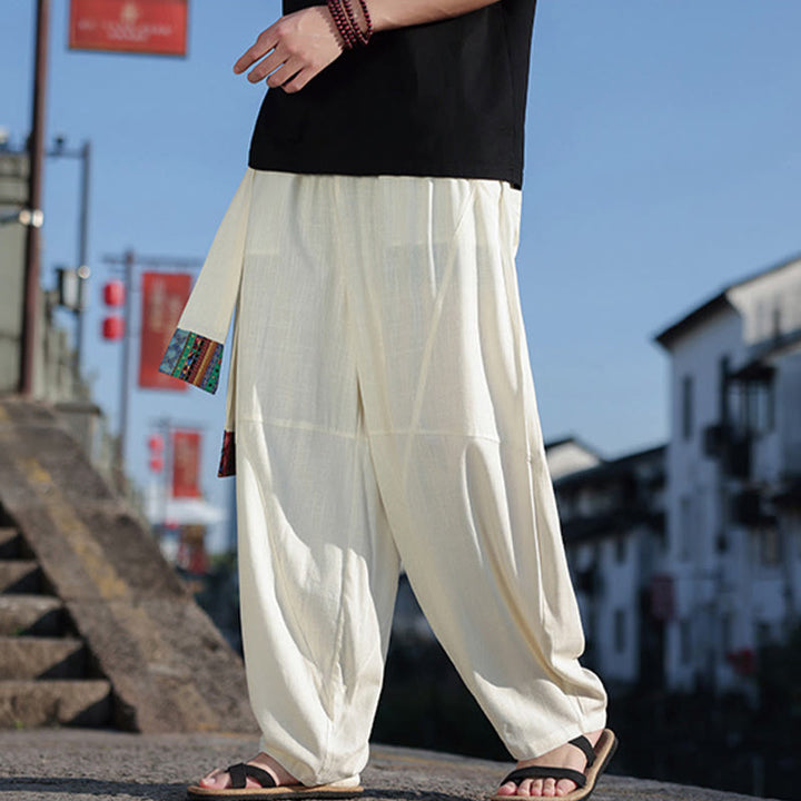 Buddha Stones Simple Patchwork Design Drawstring Cotton Men's Wide Leg Pants With Pockets - image 26