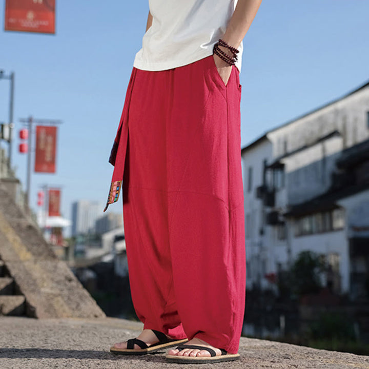 Buddha Stones Simple Patchwork Design Drawstring Cotton Men's Wide Leg Pants With Pockets - Crimson - US/UK/AU46，EU56 (5XL) - image 15