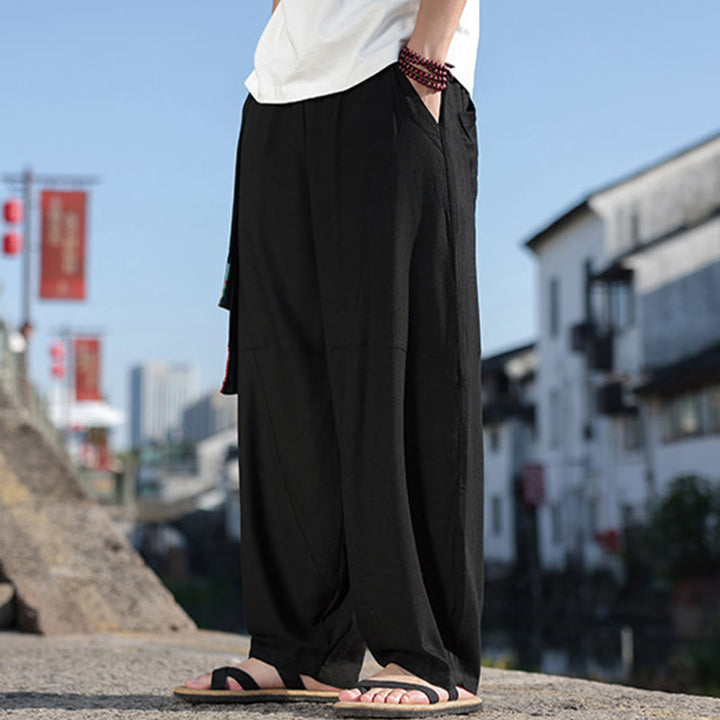 Buddha Stones Simple Patchwork Design Drawstring Cotton Men's Wide Leg Pants With Pockets - image 1
