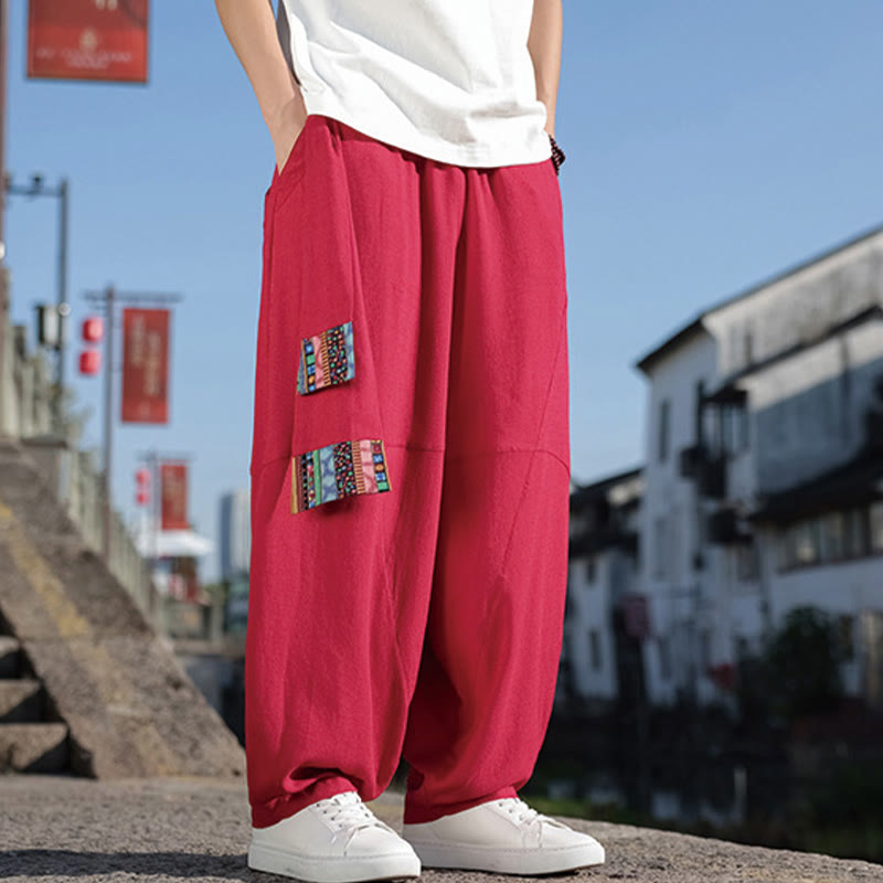 Buddha Stones Simple Patchwork Design Drawstring Cotton Men's Wide Leg Pants With Pockets - image 19