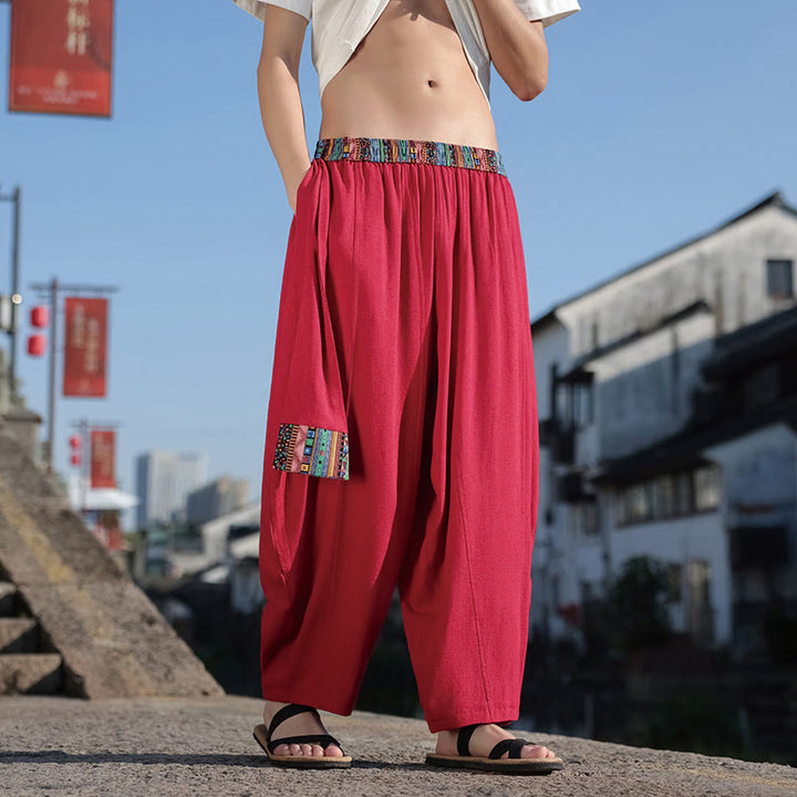 Buddha Stones Simple Patchwork Design Drawstring Cotton Men's Wide Leg Pants With Pockets - image 20