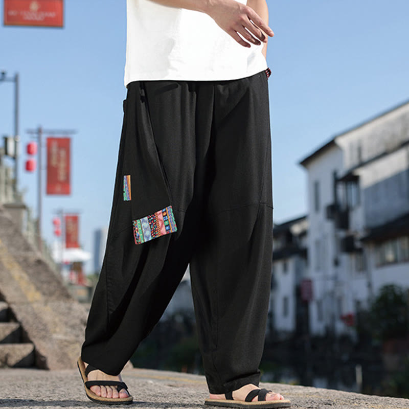 Buddha Stones Simple Patchwork Design Drawstring Cotton Men's Wide Leg Pants With Pockets - image 8