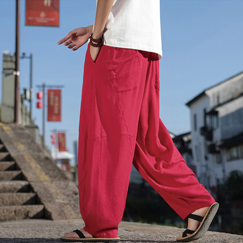 Buddha Stones Simple Patchwork Design Drawstring Cotton Men's Wide Leg Pants With Pockets - image 16