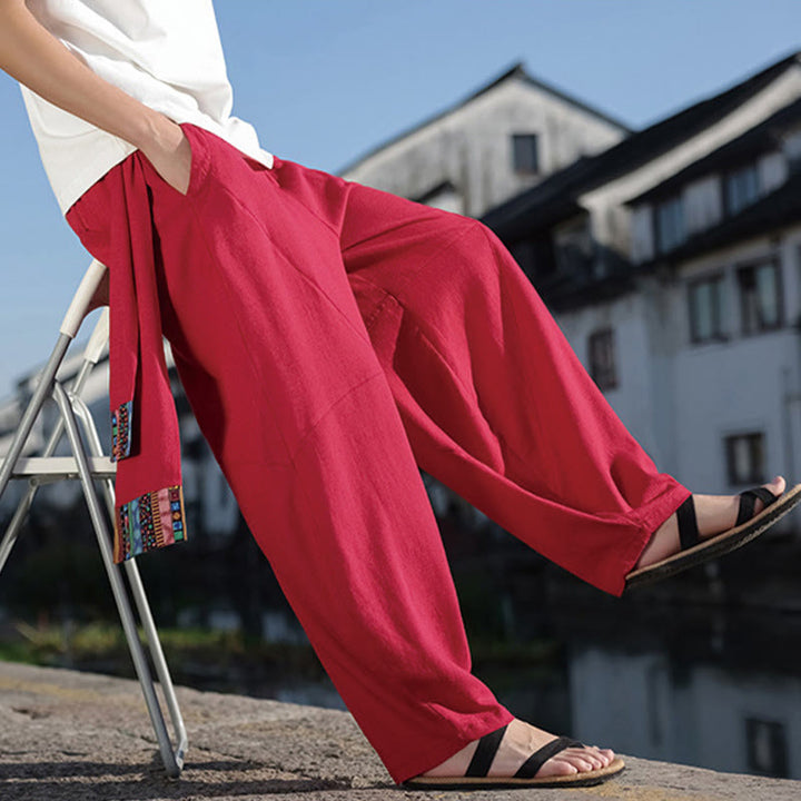 Buddha Stones Simple Patchwork Design Drawstring Cotton Men's Wide Leg Pants With Pockets - image 24