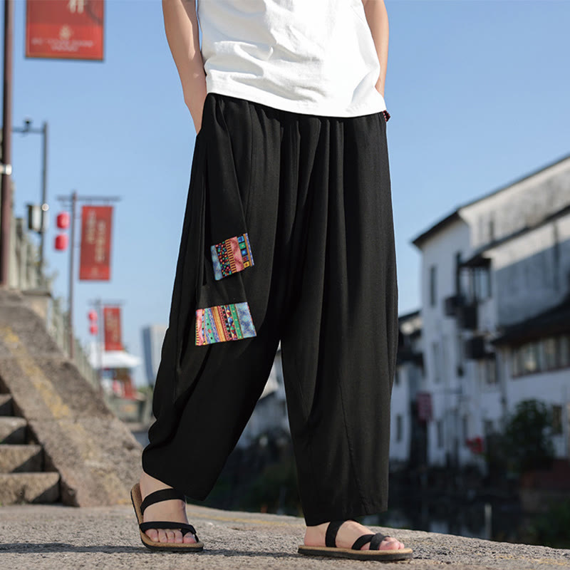 Buddha Stones Simple Patchwork Design Drawstring Cotton Men's Wide Leg Pants With Pockets - image 9