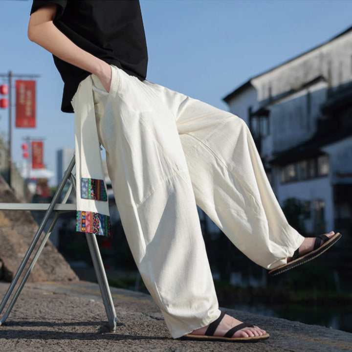 Buddha Stones Simple Patchwork Design Drawstring Cotton Men's Wide Leg Pants With Pockets - image 34