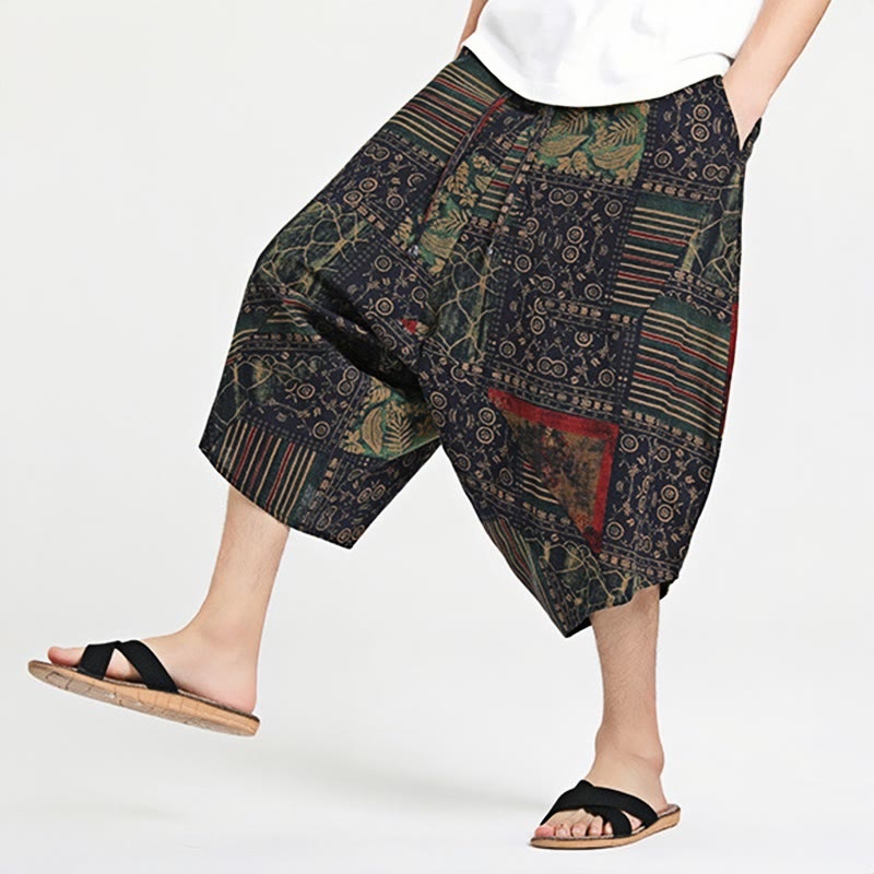 Buddha Stones Ethnic Pattern Drawstring 7-8 Length Cotton Men's Harem Pants With Pockets - image 4
