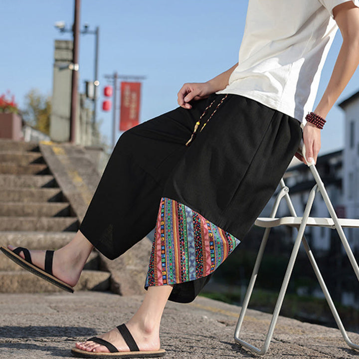 Buddha Stones Bohemian Patchwork Pattern Cotton Drawstring Men's Wide Leg Pants With Pockets - image 8