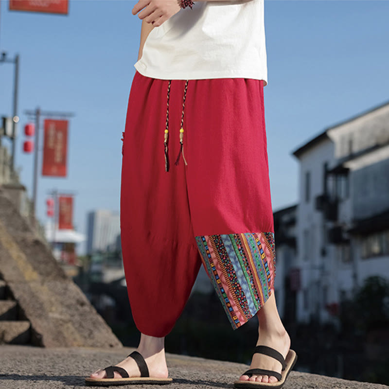 Buddha Stones Bohemian Patchwork Pattern Cotton Drawstring Men's Wide Leg Pants With Pockets - image 15