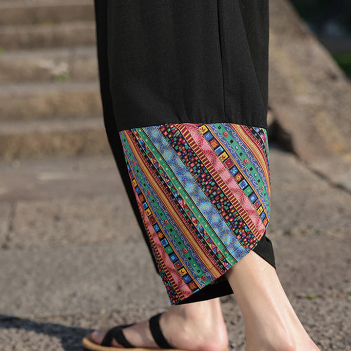 Buddha Stones Bohemian Patchwork Pattern Cotton Drawstring Men's Wide Leg Pants With Pockets - image 9