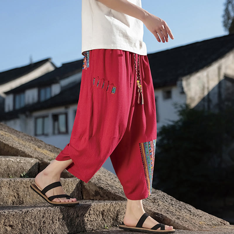 Buddha Stones Bohemian Patchwork Pattern Cotton Drawstring Men's Wide Leg Pants With Pockets - image 20