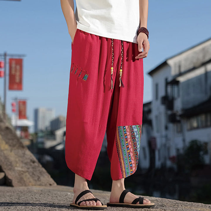 Buddha Stones Bohemian Patchwork Pattern Cotton Drawstring Men's Wide Leg Pants With Pockets - image 17