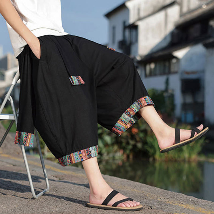 Buddha Stones Summer Ethnic 7-8 Length Cropped Cotton Men's Wide Leg Pants With Pockets - image 7